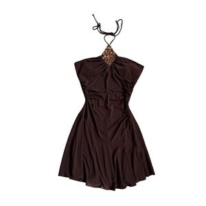 VTG City Triangles Halter Gold Sequin Brown mini dress fairy formal y2k 90s